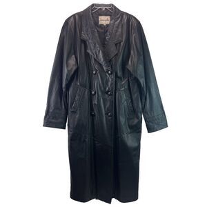 Vintage Donna Pelle Black Leather Trench Coat Size Medium Button Front